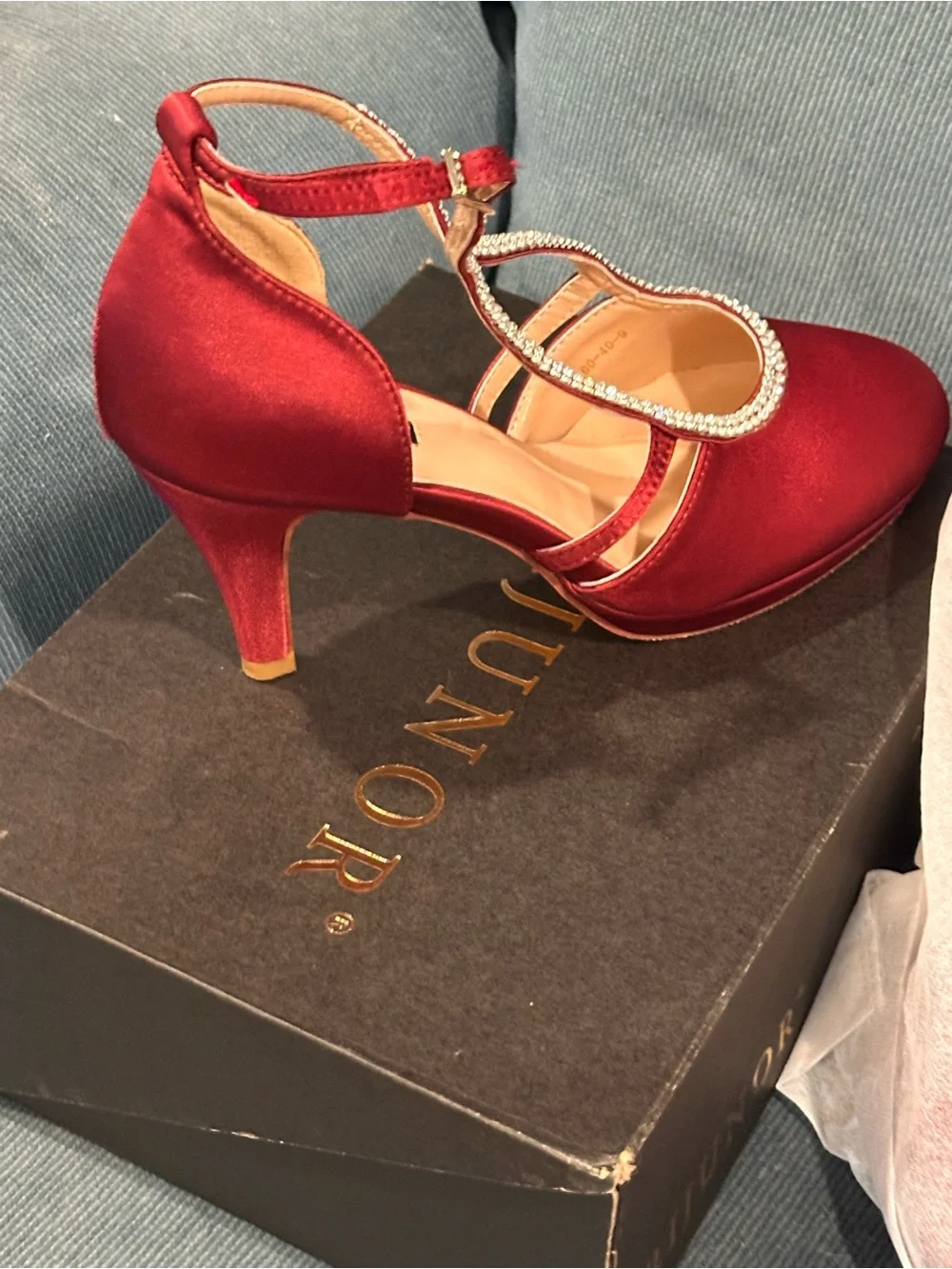Nina Red Satin T-Strap Heels with Crystal Trim